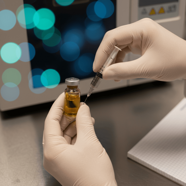 Technicien de laboratoire manipulant échantillon d'huile CBD pour analyse HPLC et certification COA