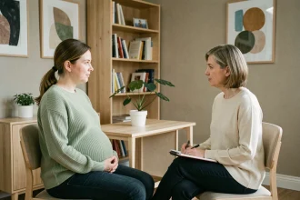 Femme enceinte en séance de soutien psychologique avec une thérapeute dans un cabinet apaisant