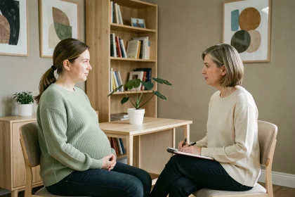 Femme enceinte en séance de soutien psychologique avec une thérapeute dans un cabinet apaisant