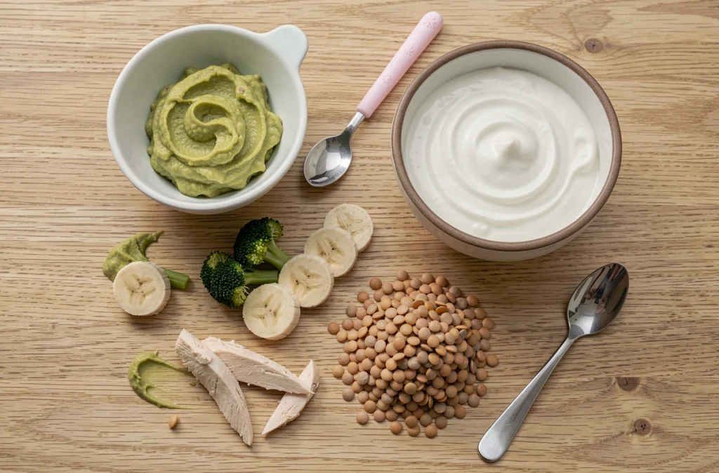 Aliments nutritifs pour bébé disposés en flat-lay pour illustrer une alimentation équilibrée à la diversification