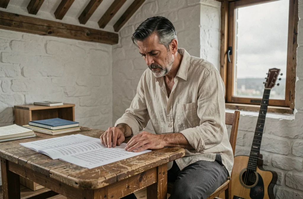 Artiste musical en studio de répétition travaillant sur ses compositions tout en gérant une maladie auto-immune