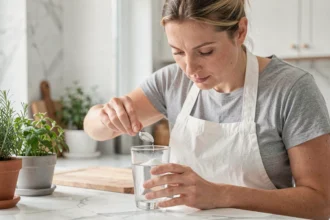 Femme versant du bicarbonate alimentaire dans un verre d'eau dans une cuisine moderne pour favoriser la digestion