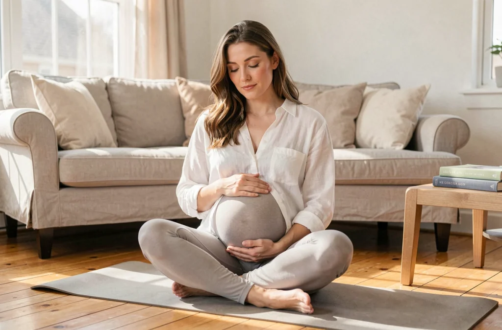 Femme enceinte pratiquant la pleine conscience à domicile pour gérer l'anxiété liée à la grossesse