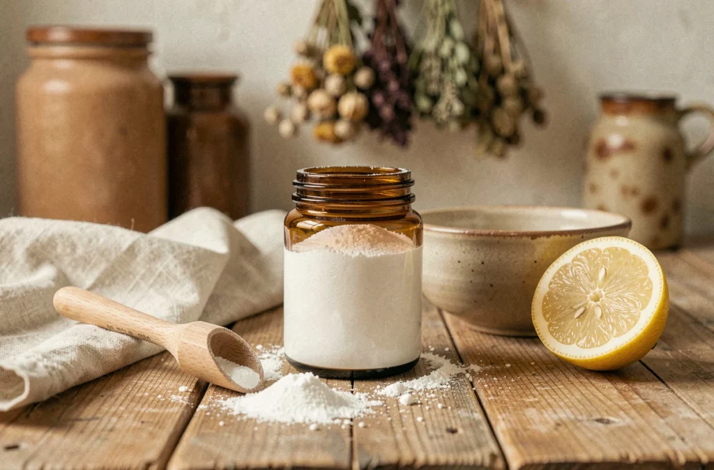 Bocal de bicarbonate alimentaire avec cuillère en bois et citron sur table en bois rustique pour usage digestif naturel