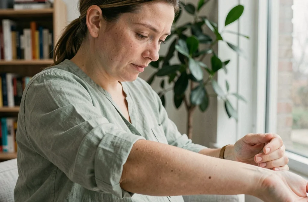 Femme enceinte observant les changements de pigmentation sur sa peau dans un salon lumineux, symbole des transformations cutanées de la grossesse