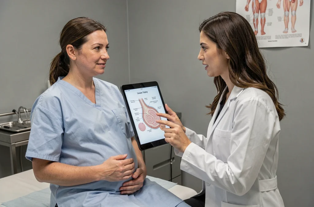 Femme enceinte en consultation dermatologique discutant des changements de peau avec une médecin, dans un cabinet médical moderne