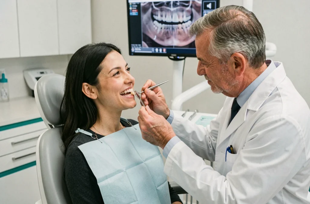 Dentiste présentant une facette en céramique à une patiente lors d'une consultation dentaire