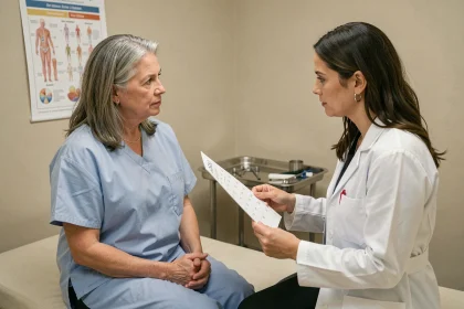 Femme d'âge mûr en consultation médicale avec une médecin qui présente un calendrier de bilans de santé mensuels