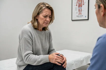 Patiente d'âge mûr consultant un médecin pour une douleur au genou après une infiltration de cortisone peu efficace