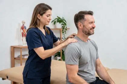Ostéopathe femme examinant le dos d'un patient en consultation d'ostéopathie préventive
