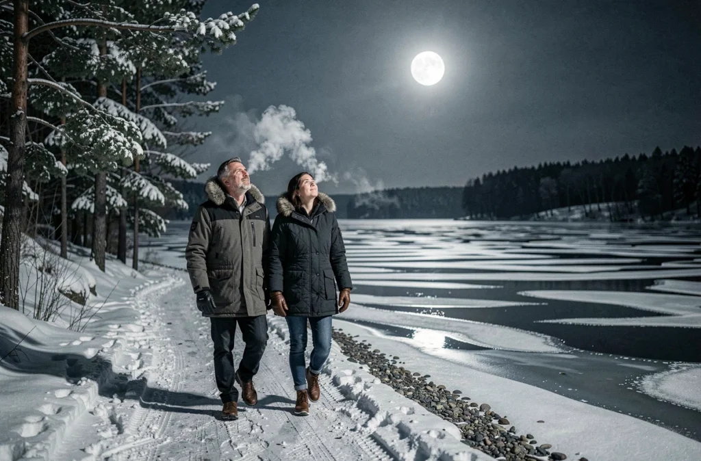 Couple se promenant au bord d'un lac gelé sous la pleine lune d'hiver, entouré de sapins enneigés