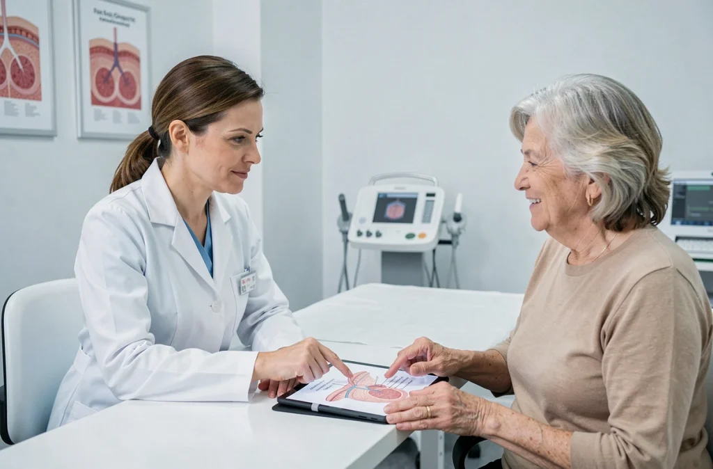 Dermatologue expliquant à une patiente les alternatives médicales aux remèdes de grand-mère pour traiter une verrue séborrhéique