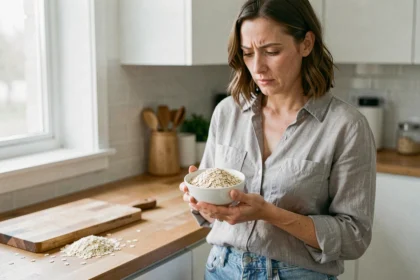 Femme tenant un bol de son d'avoine dans une cuisine moderne avec une expression hésitante