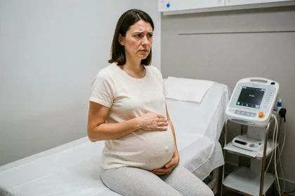 Femme enceinte assise sur une table d'examen obstétrical dans une salle de consultation médicale moderne, les mains posées sur son ventre
