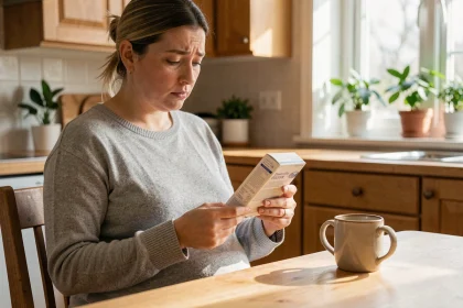 Femme enceinte lisant la notice d'un médicament à la cuisine, illustrant les précautions à prendre pendant la grossesse