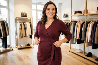 Femme ronde portant une robe portefeuille bordeaux dans une boutique de mode parisienne, mettant en valeur sa silhouette avec élégance