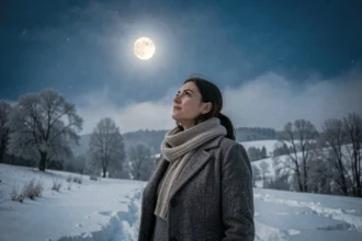 Femme contemplant la pleine lune en hiver sous un ciel bleu profond, entourée de neige et d'arbres givrés