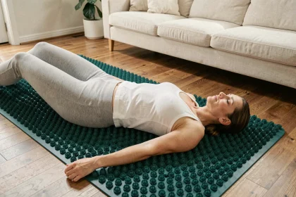 Femme allongée sur un tapis d'acupression Champ des Fleurs pour soulager les douleurs de dos, dans un salon minimaliste
