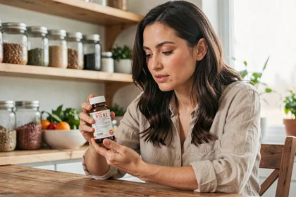 Femme végane examinant un flacon de vitamine B12 dans une cuisine naturelle avec des aliments végétaux