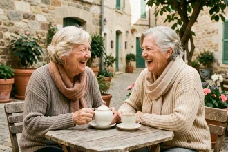 Deux femmes âgées riant ensemble autour d'un thé en terrasse, illustrant les liens sociaux et le bien-être des personnes âgées