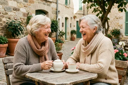 Deux femmes âgées riant ensemble autour d'un thé en terrasse, illustrant les liens sociaux et le bien-être des personnes âgées