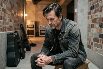 Artiste de rock français en coulisses avant un concert, réflexion personnelle malgré une maladie auto-immune
