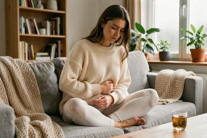 Jeune femme enceinte au premier trimestre assise sur un canapé, tenant son ventre avec une expression fatiguée et apaisée, une tasse de tisane posée à côté d'elle