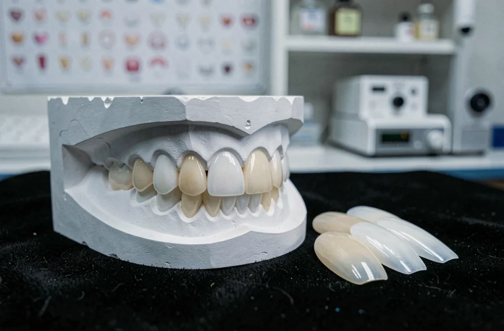 Gros plan de facettes en céramique dentaire alignées sur un modèle en plâtre dans un laboratoire prothétique