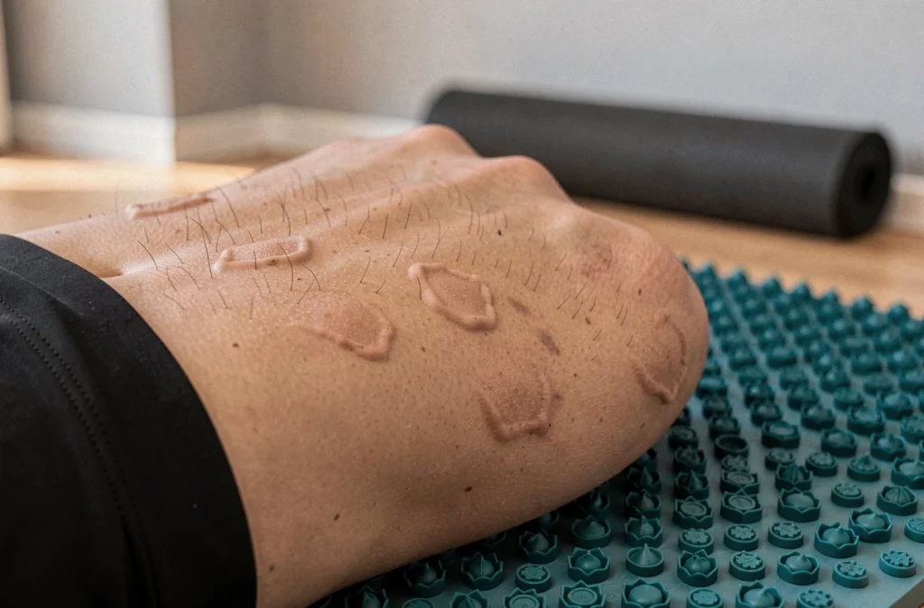Gros plan sur le bas du dos posé sur un tapis d'acupression Champ des Fleurs montrant les picots de stimulation pour le soulagement lombaire