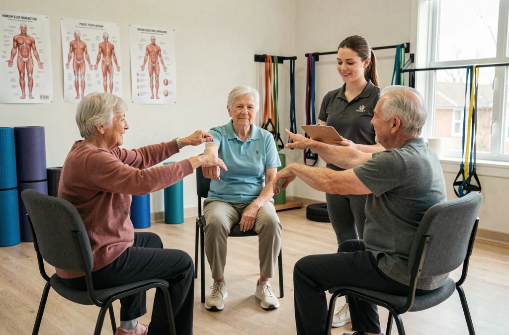 Un groupe de seniors en séance d'activité physique adaptée guidé par une instructrice en cabinet de kinésithérapie