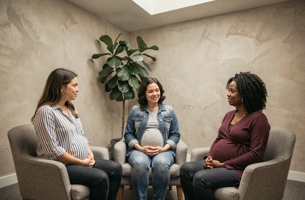 Groupe de soutien pour femmes enceintes partageant leurs inquiétudes lors d'une session d'accompagnement psychologique