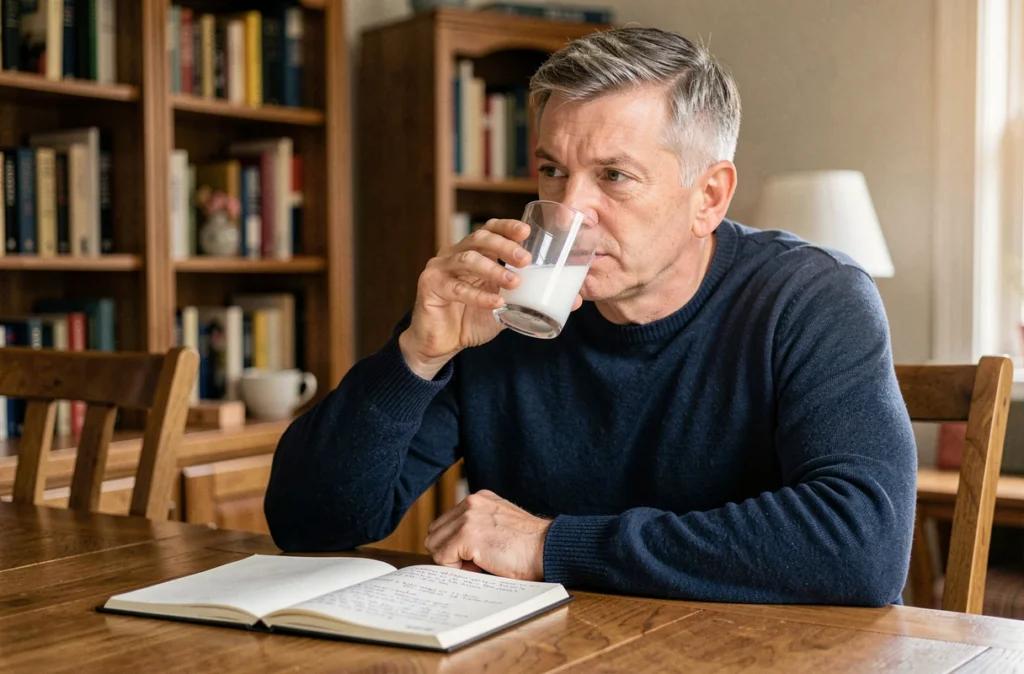 Homme buvant un verre d'eau au bicarbonate alimentaire assis à table avec un carnet de notes sur la santé digestive