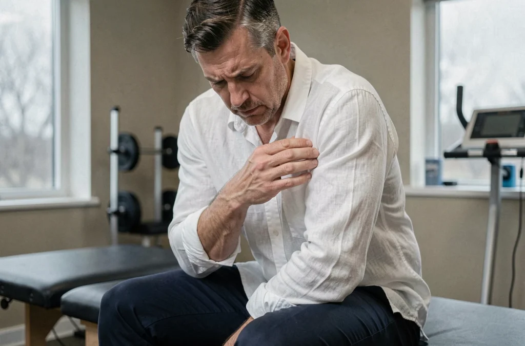 Homme assis sur une table de kinésithérapie touchant son épaule après une infiltration de cortisone insuffisamment efficace