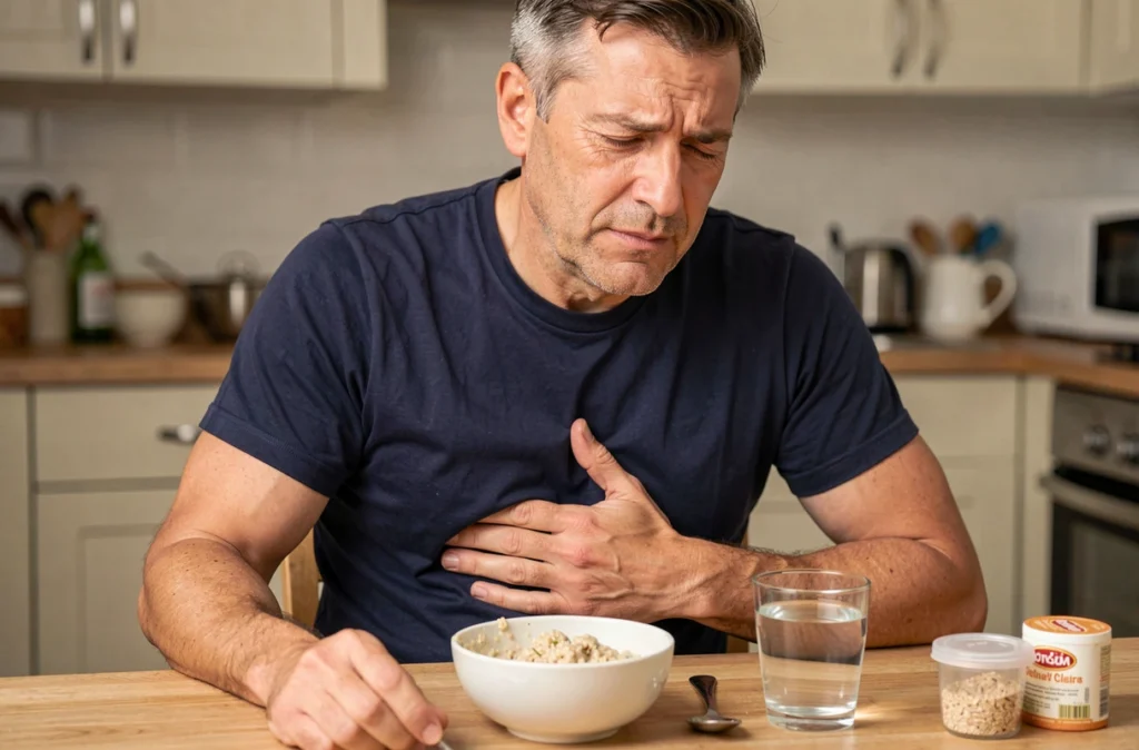 Homme assis à table avec une expression d'inconfort digestif devant un bol de flocons d'avoine