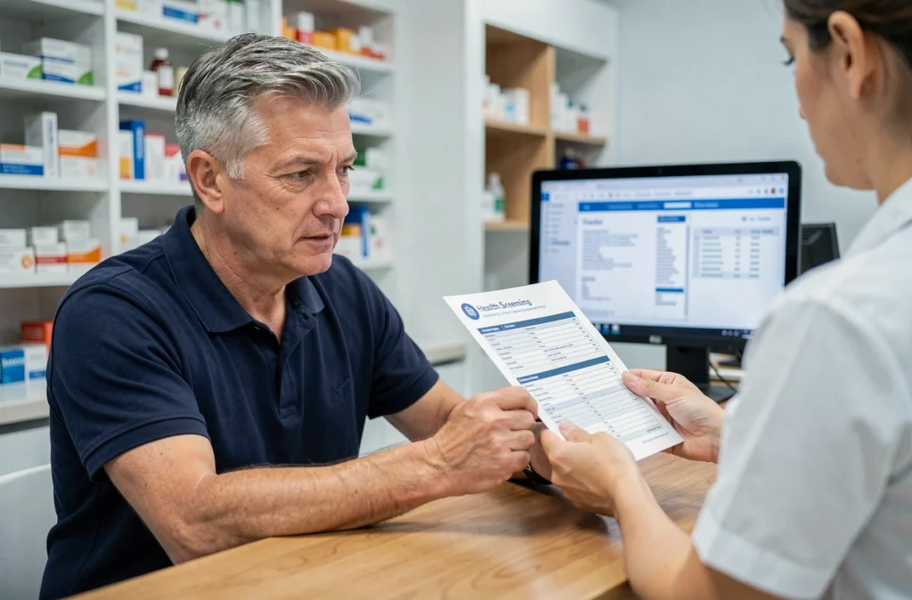 Homme adulte en pharmacie consultant un programme de dépistages médicaux mensuels recommandés
