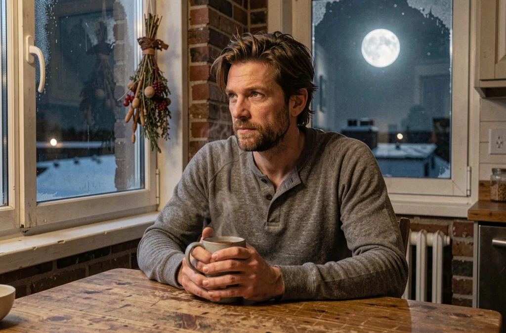 Homme pensif regardant la pleine lune d'hiver depuis une fenêtre de cuisine, tenant une tasse de thé chaud