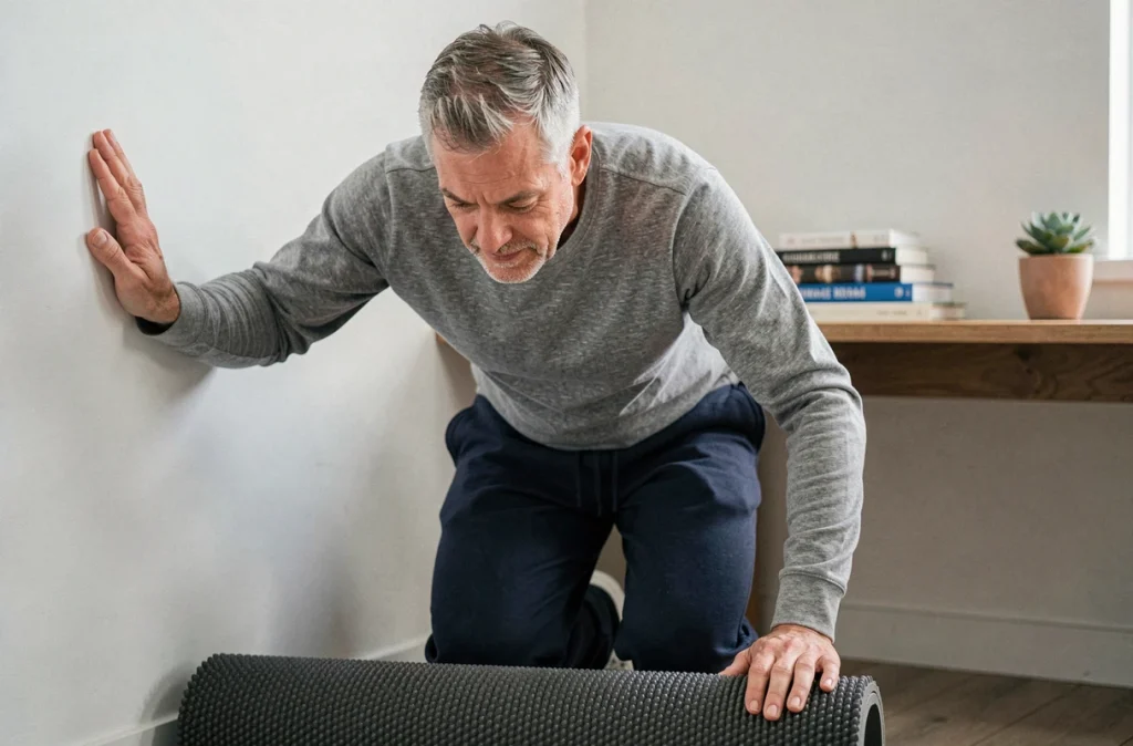 Homme d'âge mûr utilisant un tapis Champ des Fleurs contre un mur pour soulager les tensions dorsales à domicile