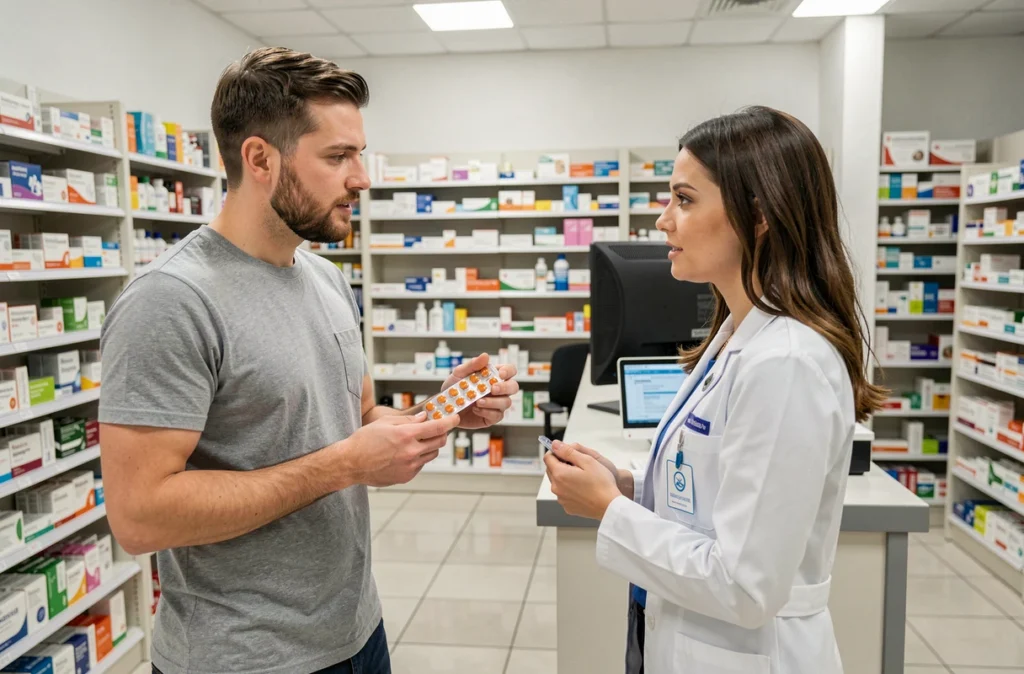 Homme végétarien consultant un pharmacien pour une cure de vitamine B12 en comprimés