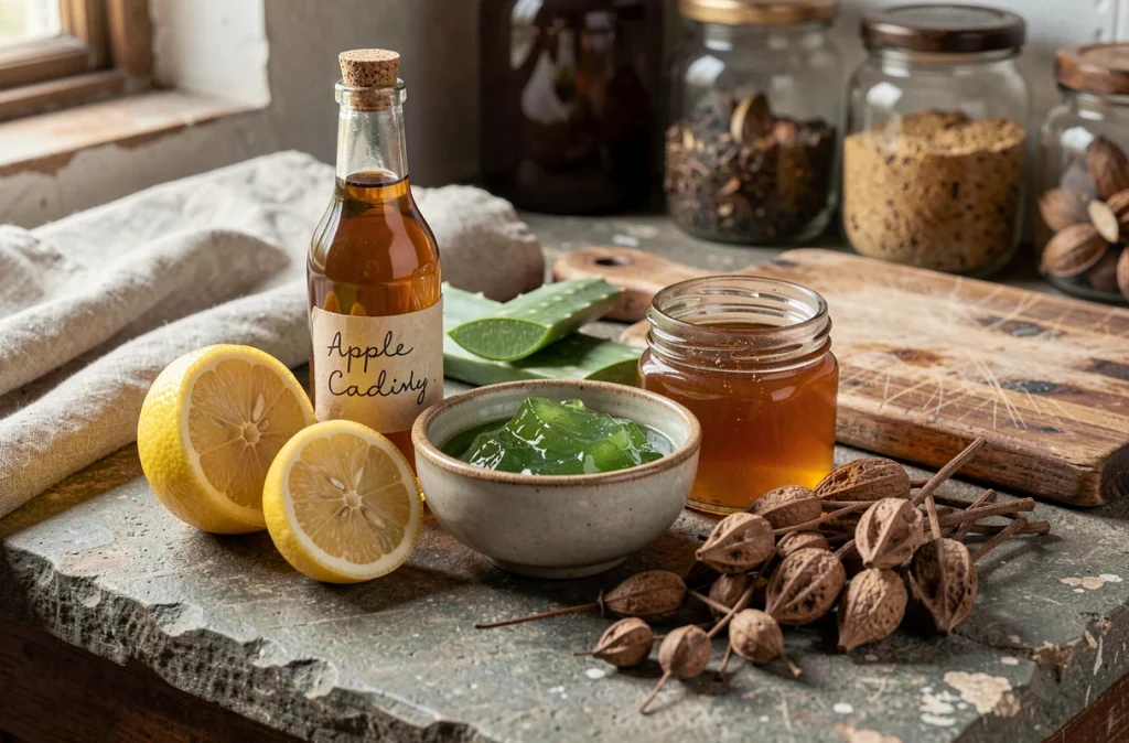 Ingrédients naturels pour traiter une verrue séborrhéique selon les recettes de grand-mère, disposés sur un comptoir en pierre rustique