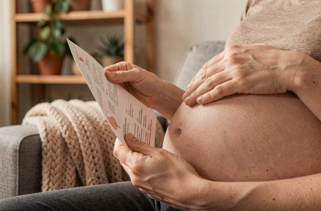 Gros plan sur les mains d'une femme enceinte tenant une brochure médicale sur la poche des eaux, posées sur son ventre arrondi à la maison