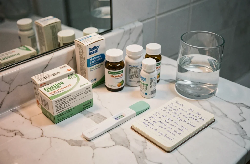 Boîtes de médicaments et test de grossesse positif sur un plan de travail en marbre, symbolisant les précautions médicamenteuses pendant la grossesse