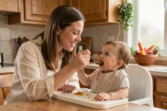 Mère nourrissant son bébé avec une purée de légumes frais pour soutenir sa croissance