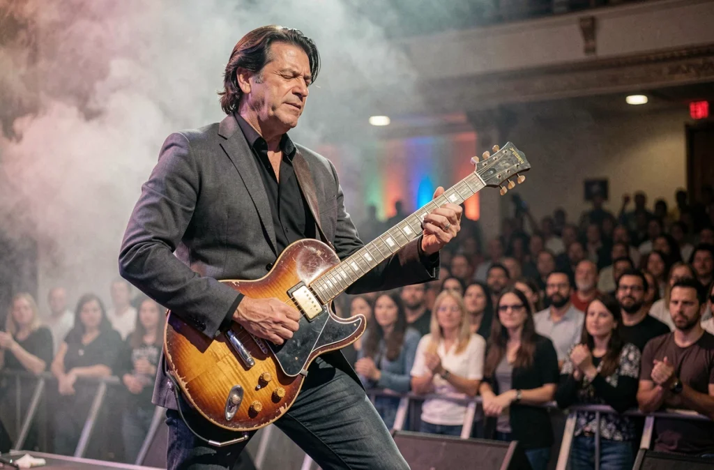 Musicien rock sur scène jouant de la guitare électrique malgré une maladie chronique auto-immune