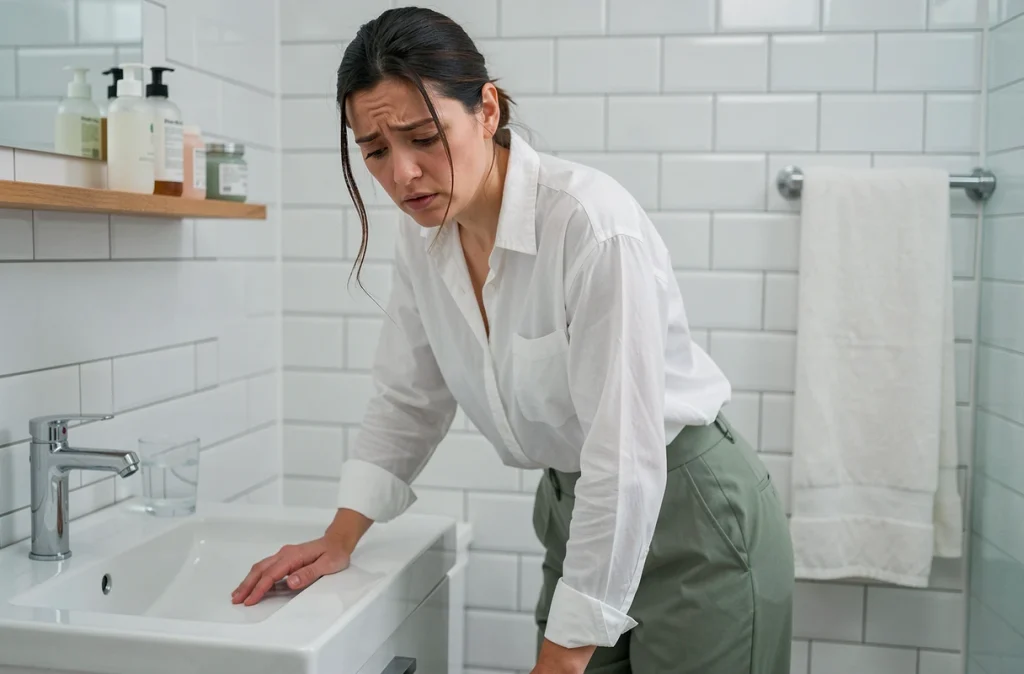 Femme enceinte au premier trimestre penchée au-dessus d'un lavabo de salle de bain, illustrant les nausées matinales fréquentes pendant la grossesse