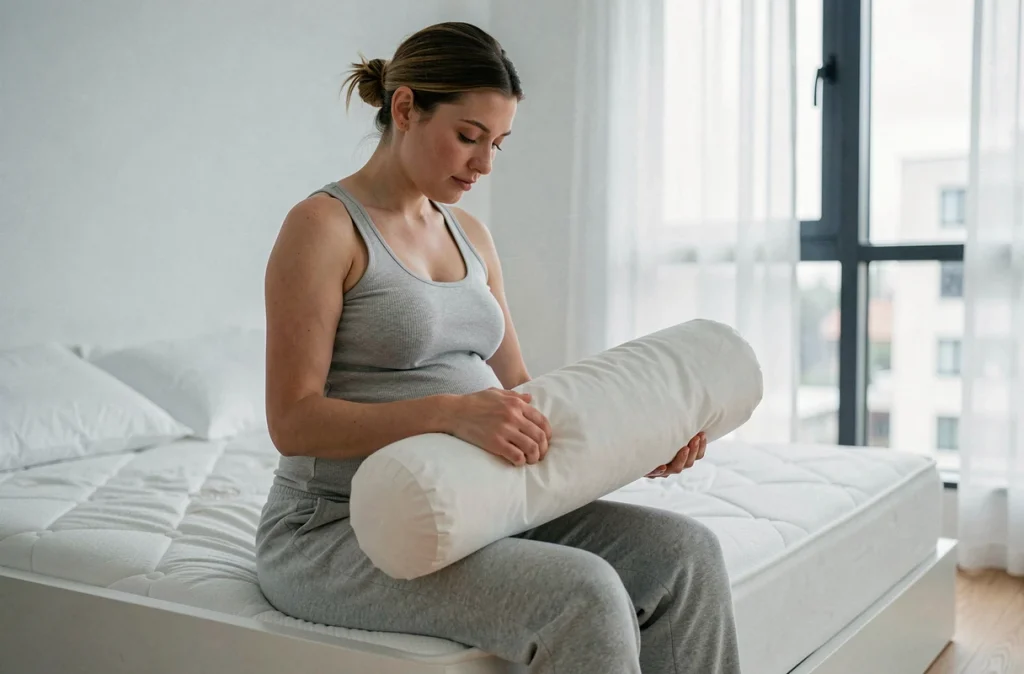 Femme enceinte préparant un oreiller de maternité pour améliorer sa position de sommeil