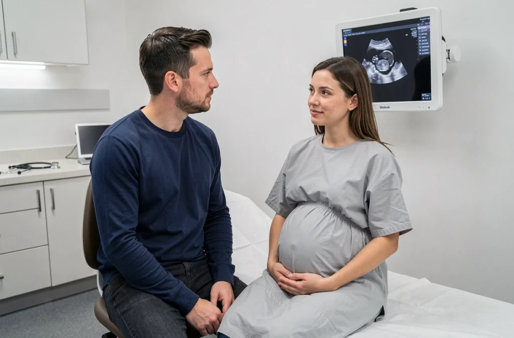 Un partenaire accompagne sa compagne enceinte lors d'une échographie obstétricale en cabinet médical, regardant ensemble l'image du fœtus sur le moniteur