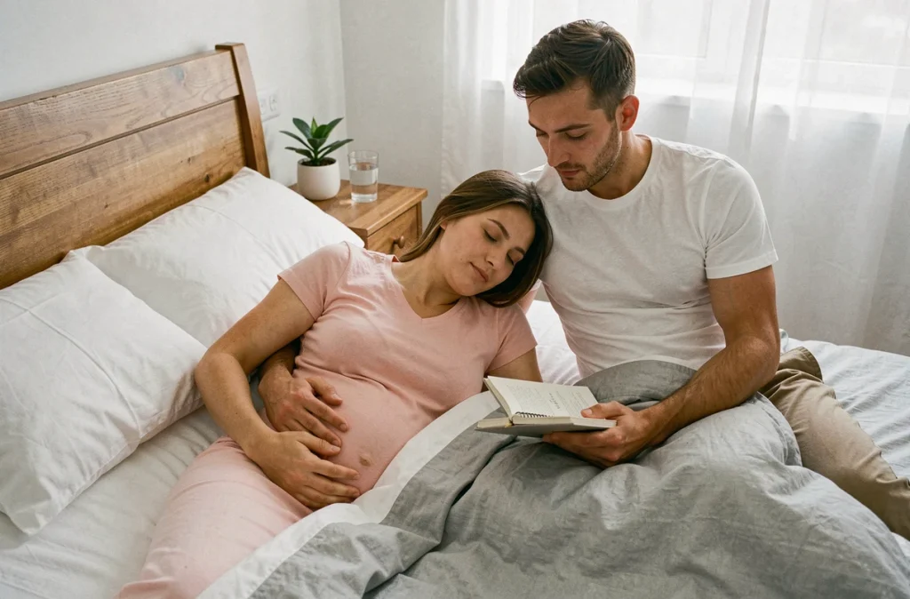Un partenaire attentionné pose sa main sur le ventre de sa compagne enceinte allongée sur le lit, consultant ensemble un journal de grossesse dans une chambre apaisante