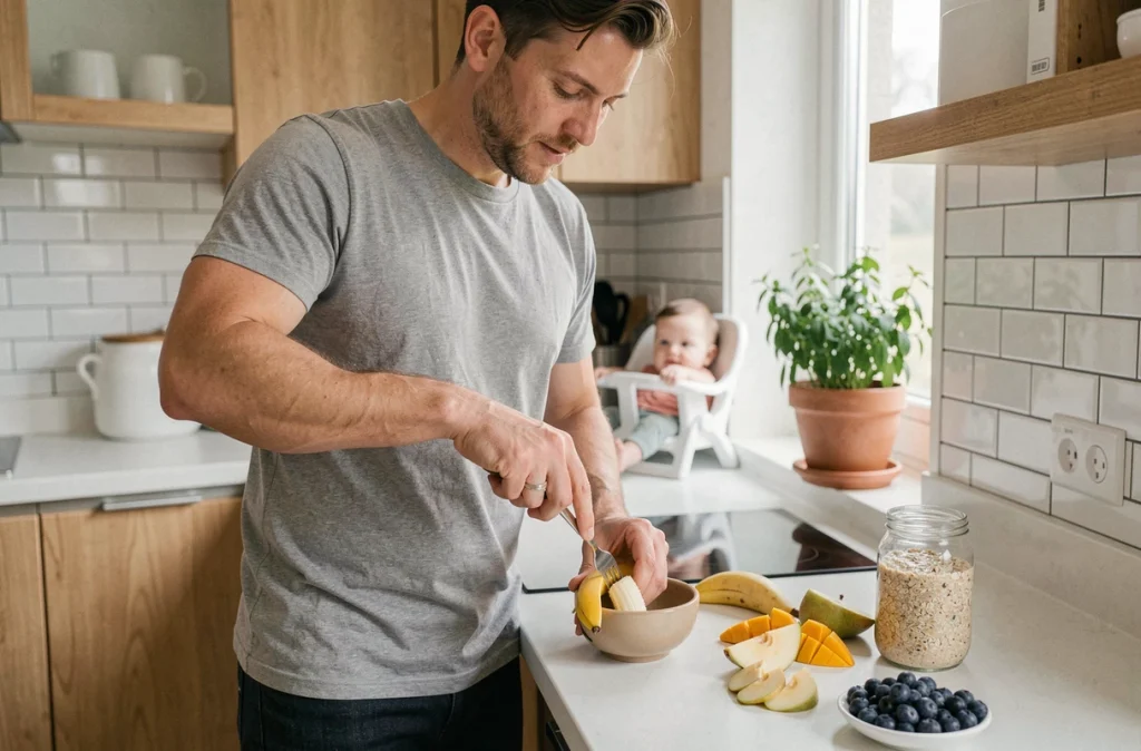 Père préparant une purée de fruits frais pour son bébé dans une cuisine moderne
