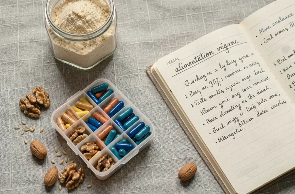 Pilulier hebdomadaire de vitamine B12 avec carnet de planification alimentaire végane et superaliments