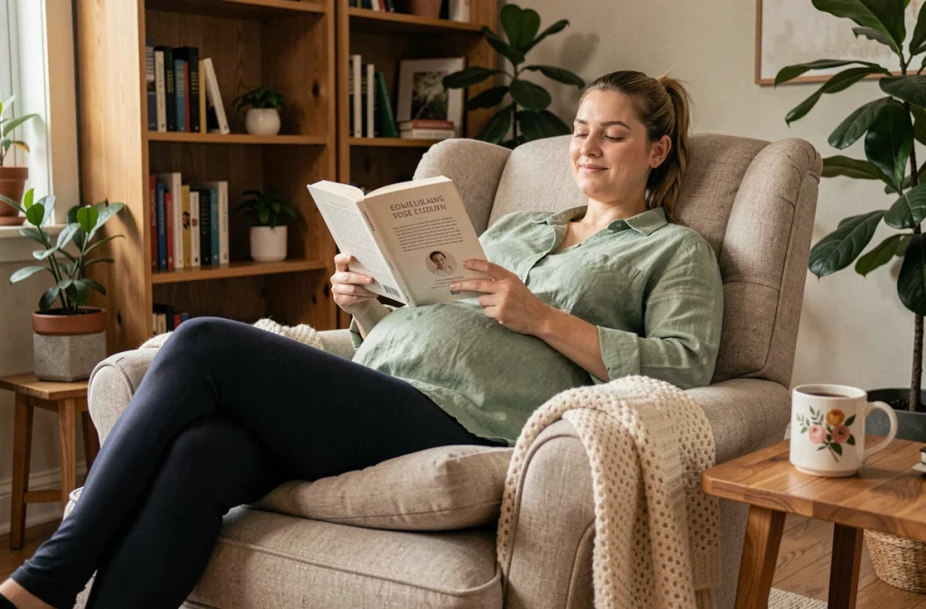 Femme enceinte en position semi-inclinée dans un fauteuil confortable avec un coussin de soutien prénatal